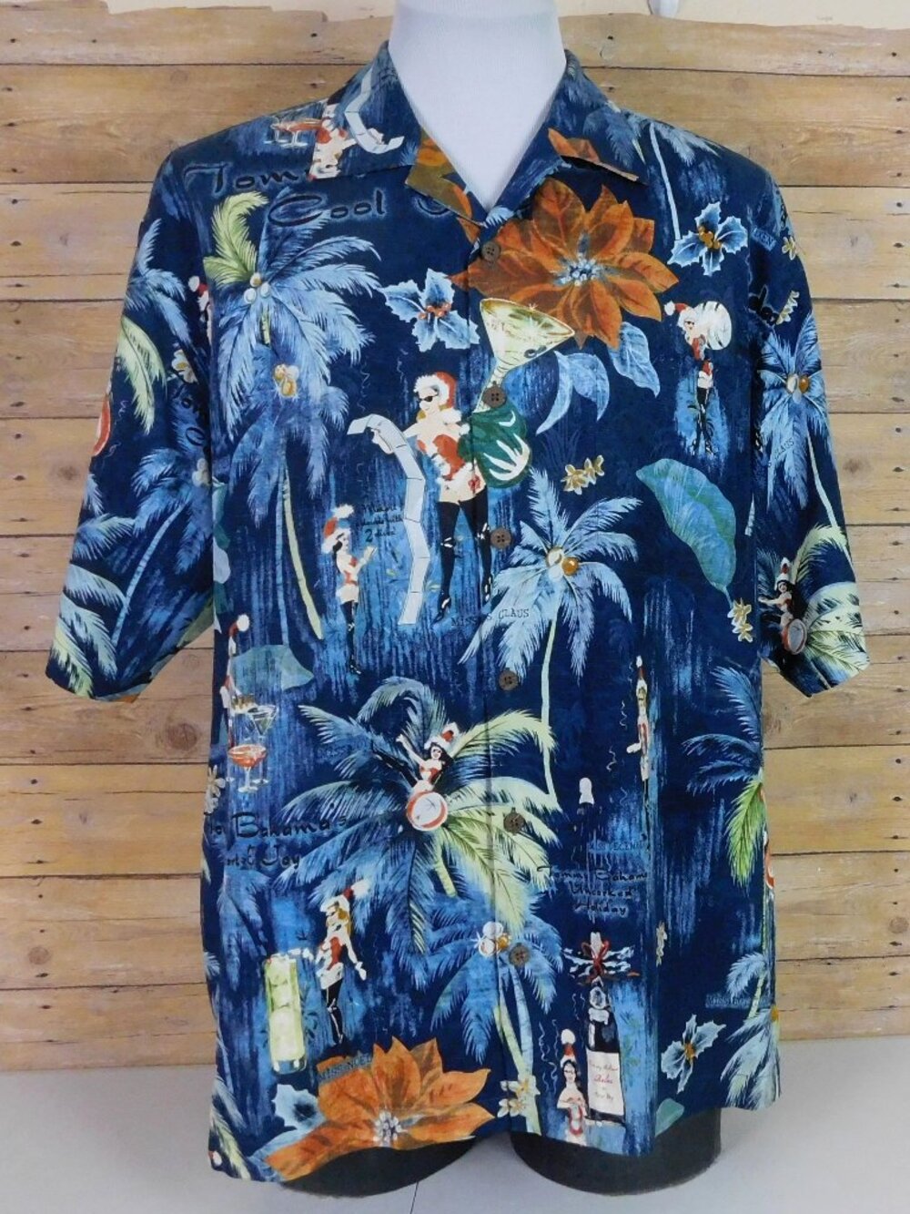 Tommy Bahama Hawaiian Christmas Shirt Mens Large Short Sleeve Silk Blue